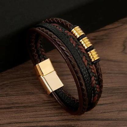 Bracelet Cuir Tressé Multicouche Punk – Boucle Magnétique Croix Homme
