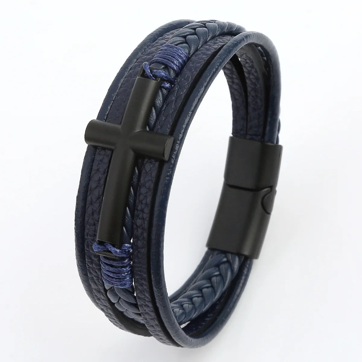 Bracelet Cuir Tressé Multicouche Punk – Boucle Magnétique Croix Homme