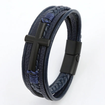 Bracelet Cuir Tressé Multicouche Punk – Boucle Magnétique Croix Homme