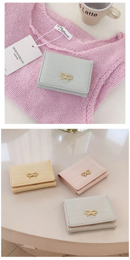 Portefeuille Femme Nœud Rose Compact - Porte-Cartes Tri-Fold Étudiant Mignon