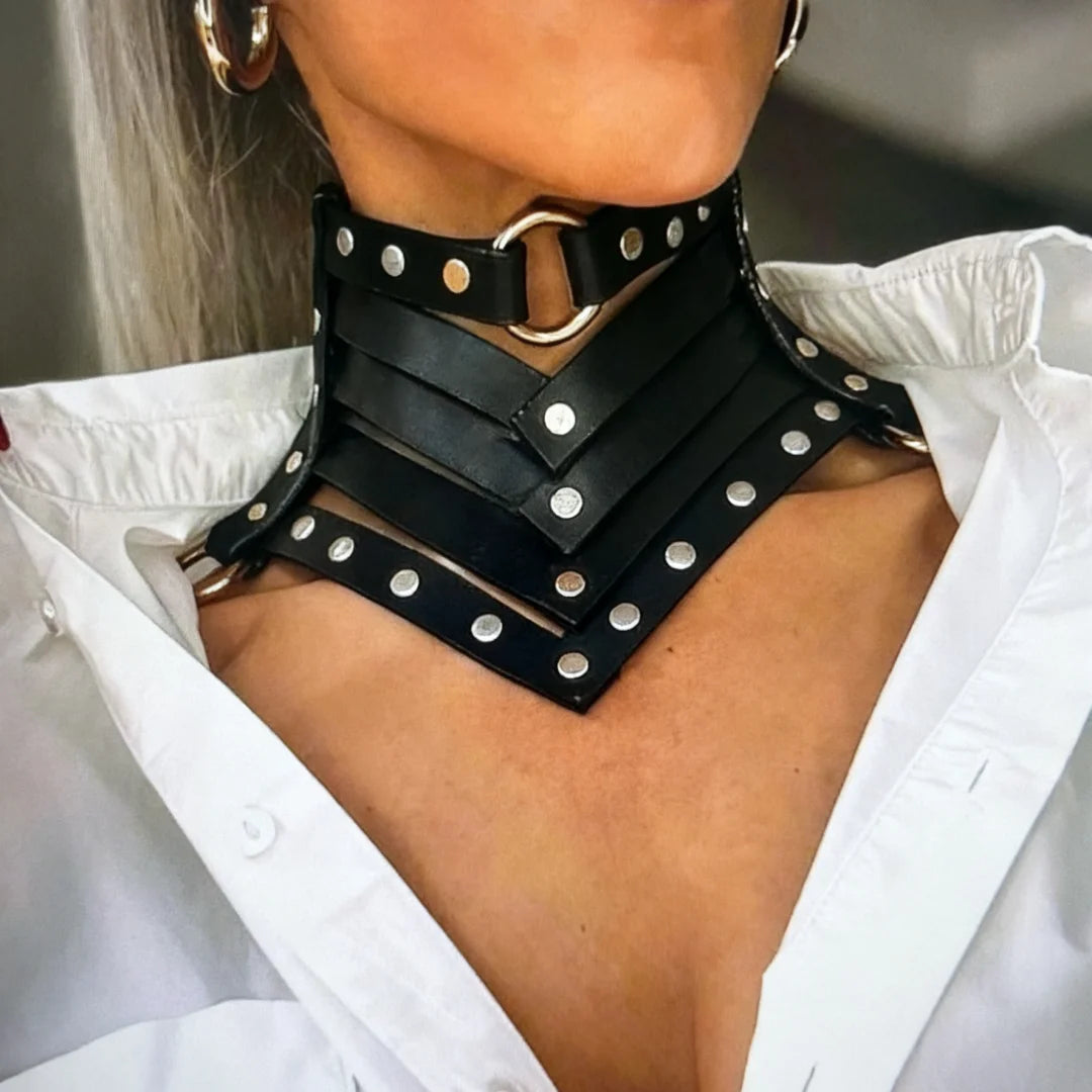 Collier Choker Gothique Cuir Rivets – Ras-du-Cou Punk Rock Noir