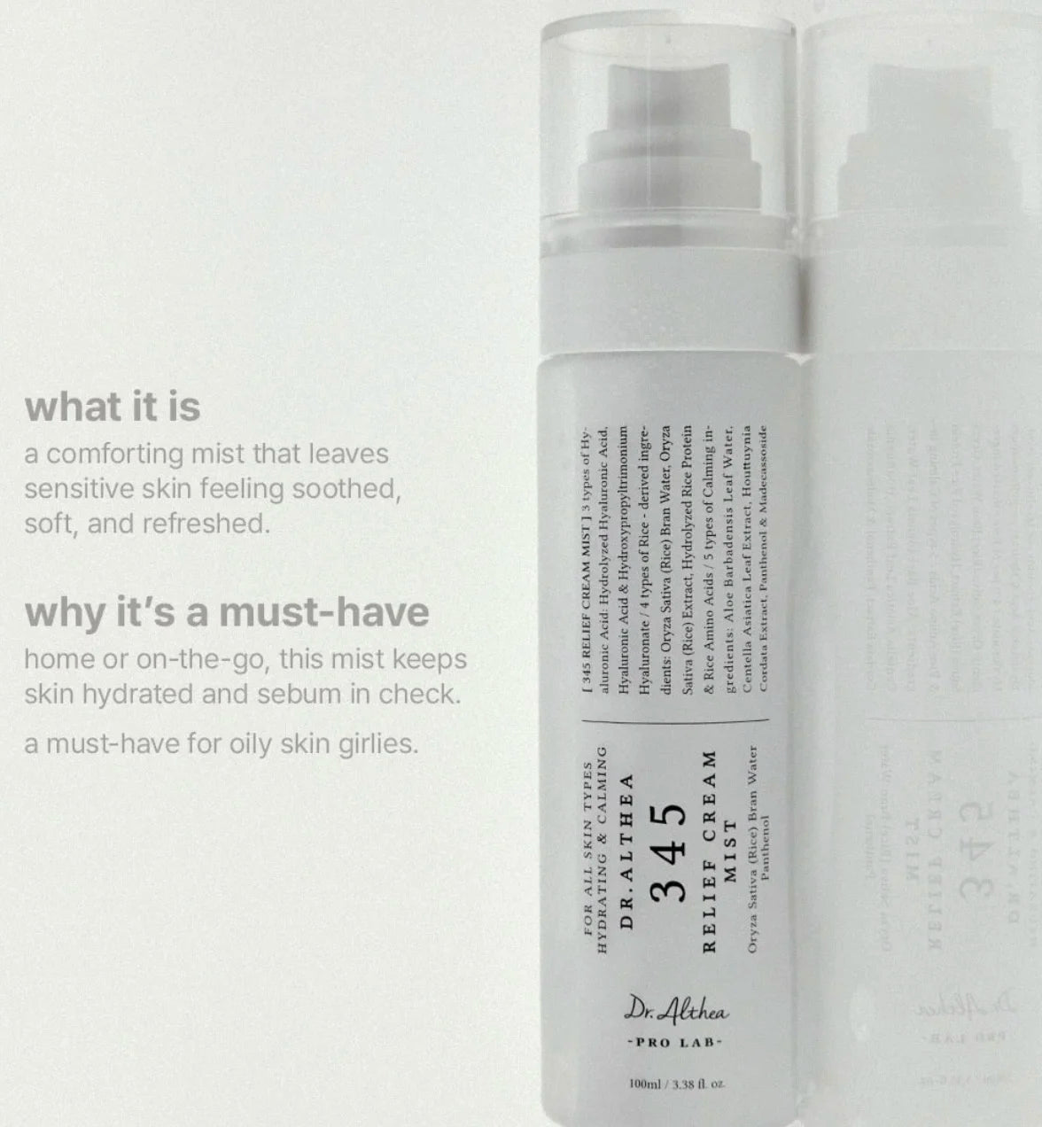 Brume Crème Relief 345 Dr. Althea 100ml - Acide Hyaluronique Hydratation Profonde Longue Durée Lissante Spray