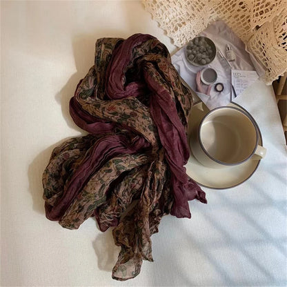 Foulard Écharpe Patchwork Coton Lin Vintage Femme - Châle Carré Floral Plissé Hiver