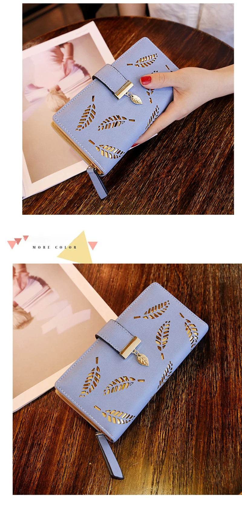 Portefeuille Long Femme Cuir PU Feuilles Dorées - Clutch Porte-Cartes Monnaie Élégant