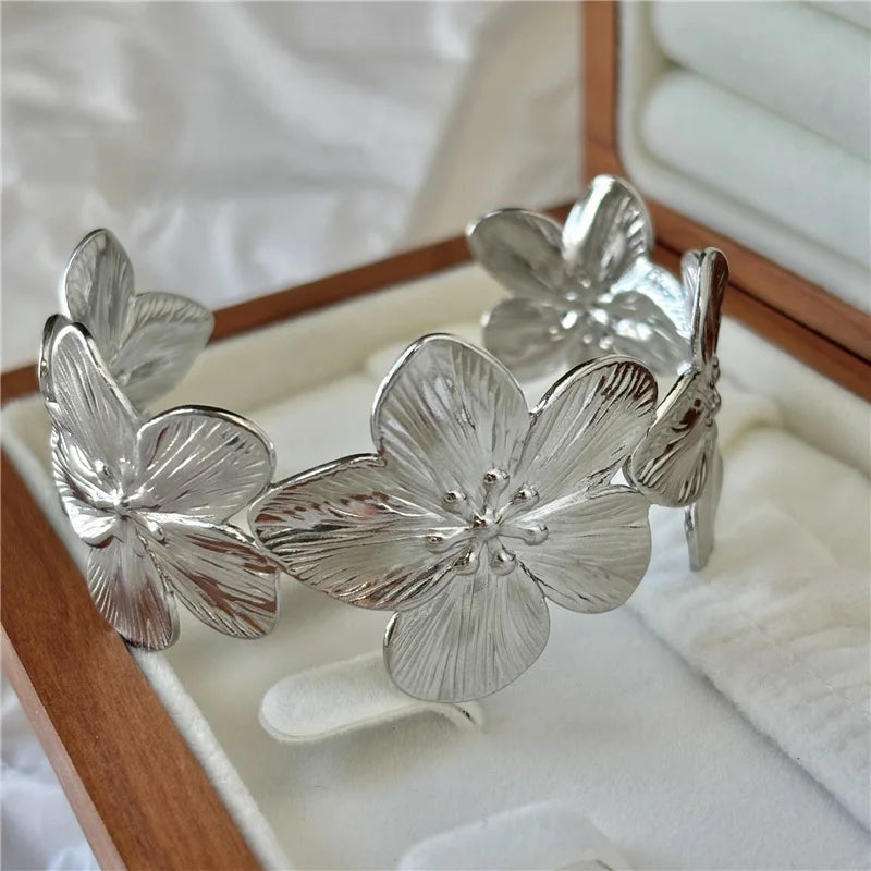 Bracelet Bangle Fleur Bohème Acier Inoxydable Large – Manchette Florale Chunky Couples Femme