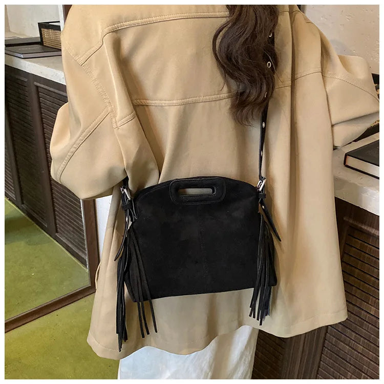 Sac à Main Femme Daim Vintage Style Français - Sac Bandoulière Épaule Glands Café