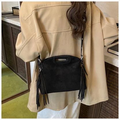 Sac à Main Femme Daim Vintage Style Français - Sac Bandoulière Épaule Glands Café