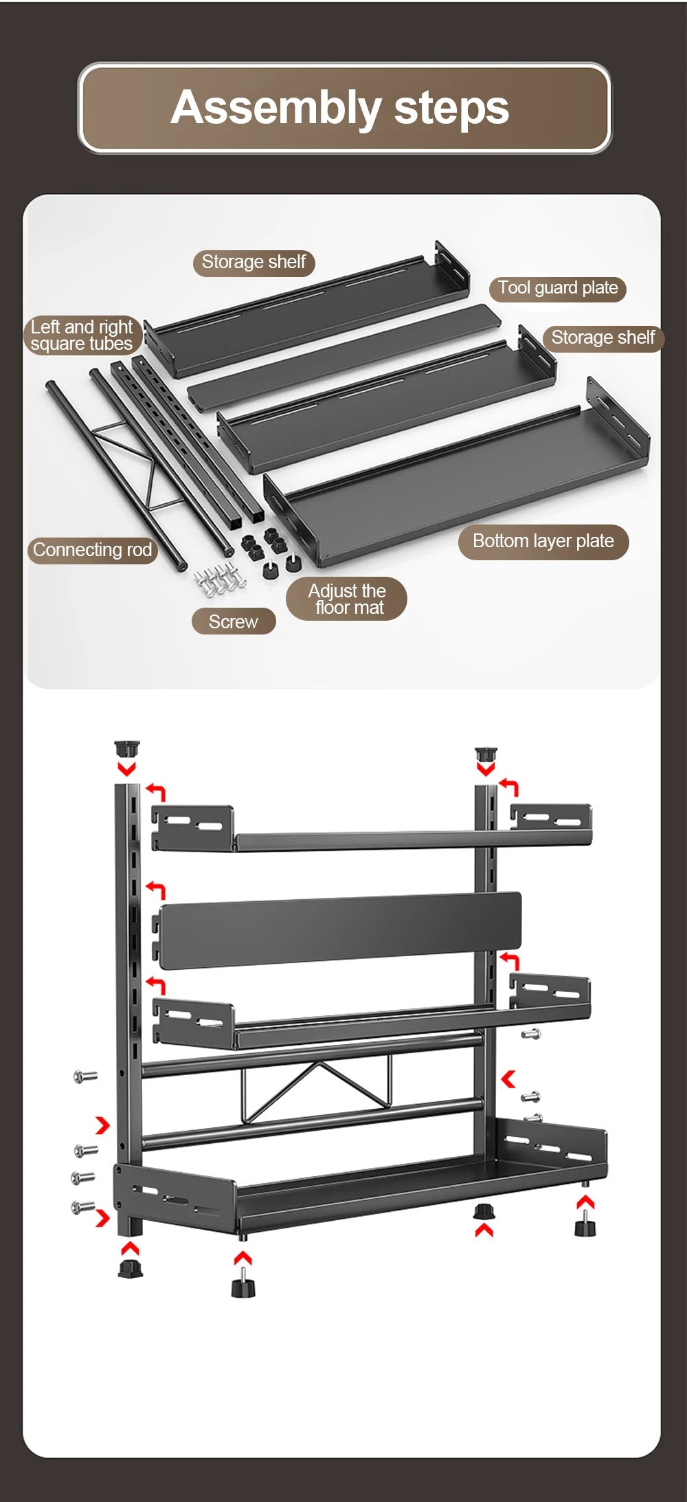 Porte-Épices 3 Niveaux en Métal avec Porte-Couteaux - Organisateur de Comptoir Ajustable Noir