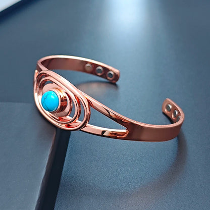 Jonc Cuivre Pur Magnétique Pierre Bleue – Bracelet Ouvert Ajustable Femme Guérison