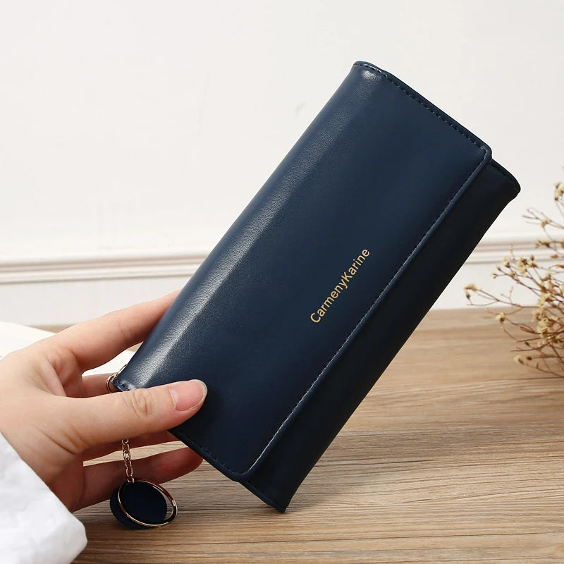 Portefeuille Femme Long Cuir PU Bleu Marine - Porte-Cartes Multifonction Pliable Clutch