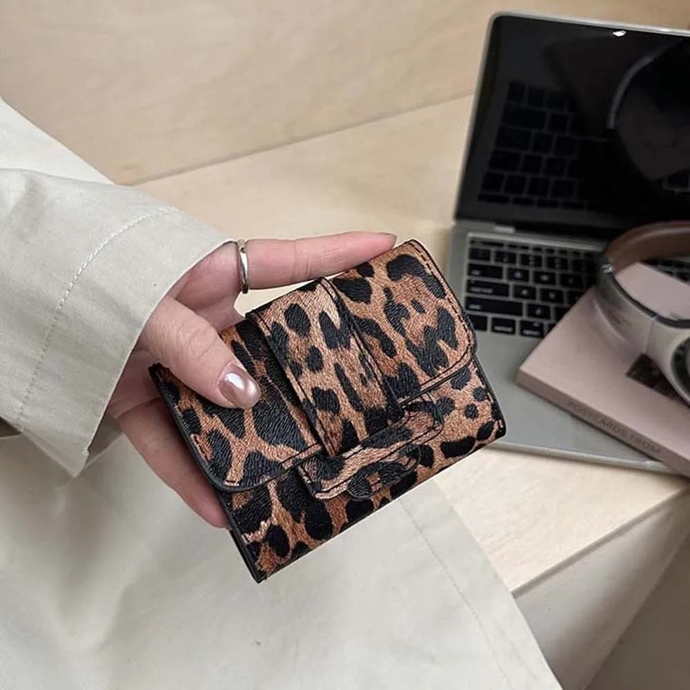 Portefeuille Femme Court Imprimé Léopard PU - Porte-Monnaie Carré Multi-Cartes Style Coréen Tendance