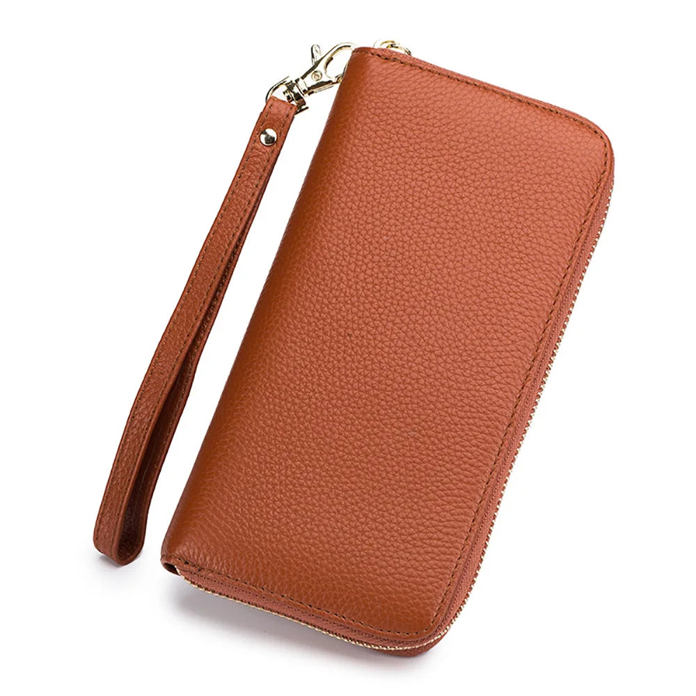 Portefeuille Femme Cuir Véritable RFID - Porte-Carte Zippé Multi-Compartiments avec Pompon