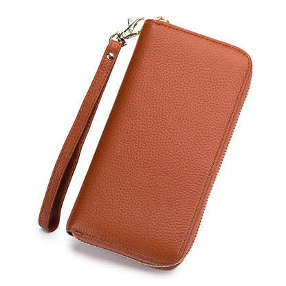 Portefeuille Femme Cuir Véritable RFID - Porte-Carte Zippé Multi-Compartiments avec Pompon