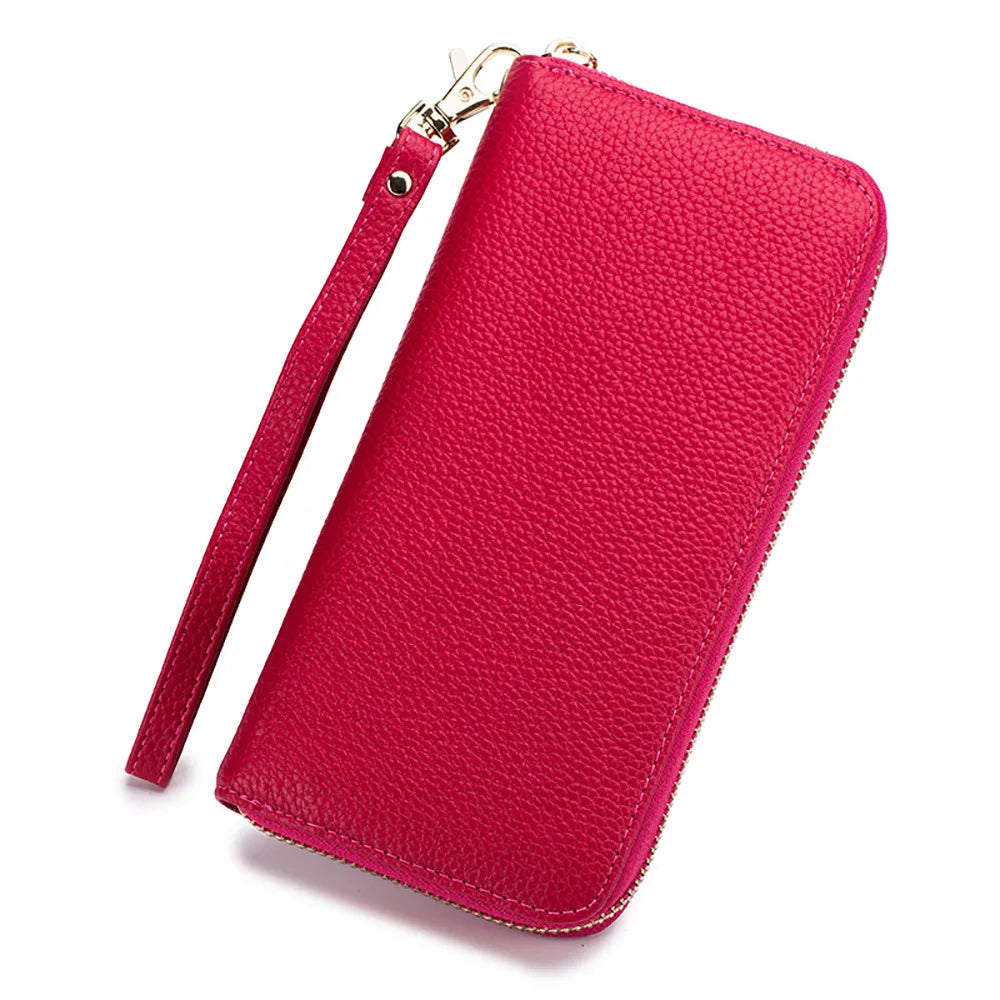 Portefeuille Femme Cuir Véritable RFID - Porte-Carte Zippé Multi-Compartiments avec Pompon