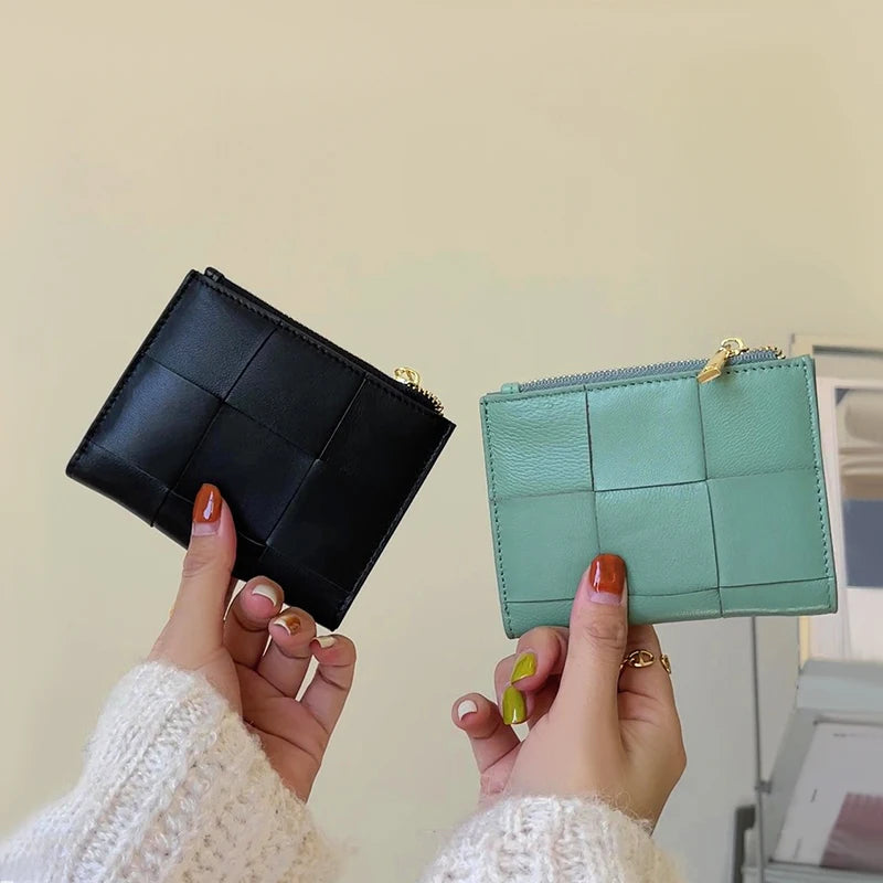 Portefeuille Femme Cuir Tressé - Porte-Monnaie Bifold Multi-Cartes Compact