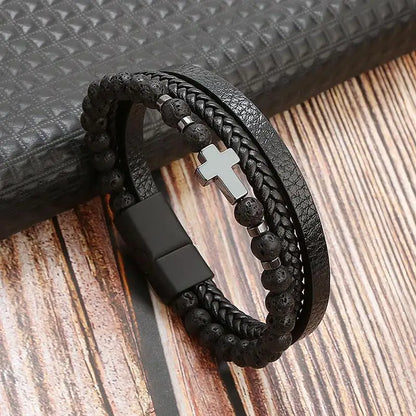 Bracelet Cuir Tressé Multicouche Punk – Boucle Magnétique Croix Homme