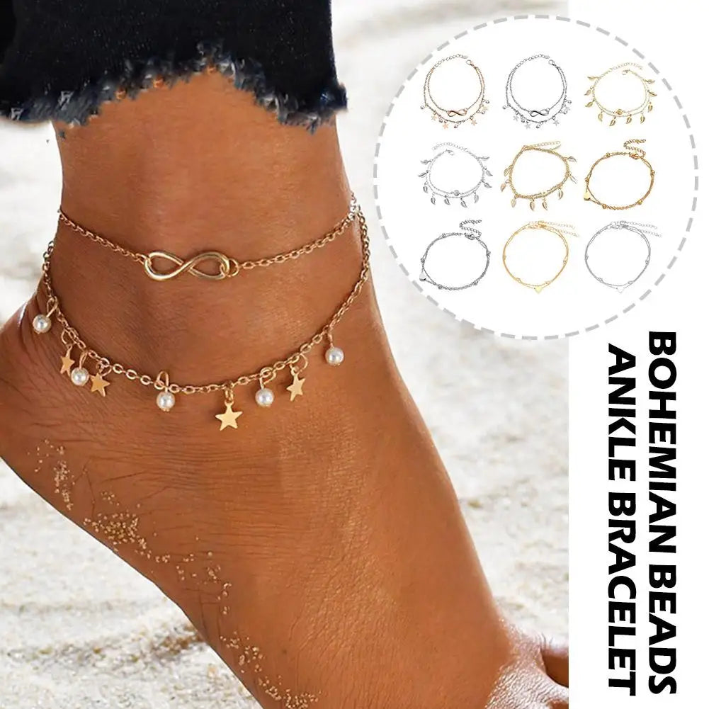 Chaîne de Cheville Bohème Perles Étoiles Pompons – Bracelet Pied Vintage Femme