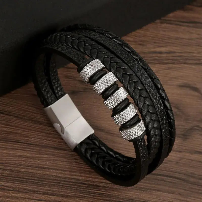 Bracelet en Cuir Tissé Main Multi-Couches pour Homme - Combinaison Classique Punk