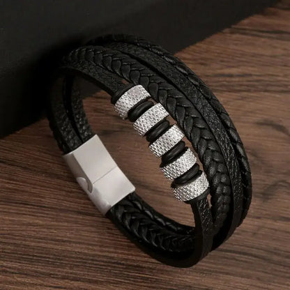 Bracelet en Cuir Tissé Main Multi-Couches pour Homme - Combinaison Classique Punk