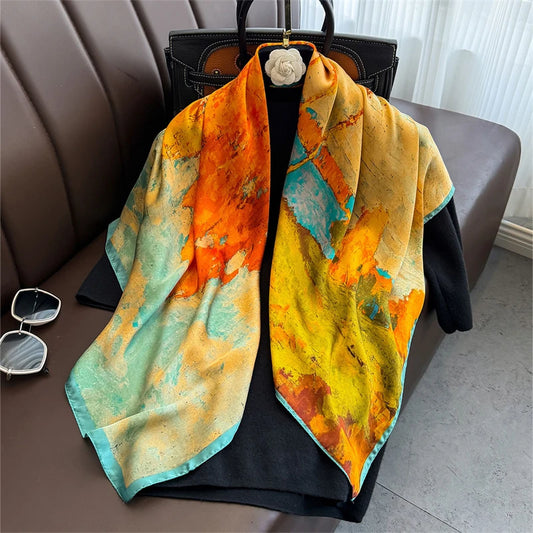 Women's Printed Silk Square Scarf 90cm - Muslim Hijab Bandana Shawl Sun Protection