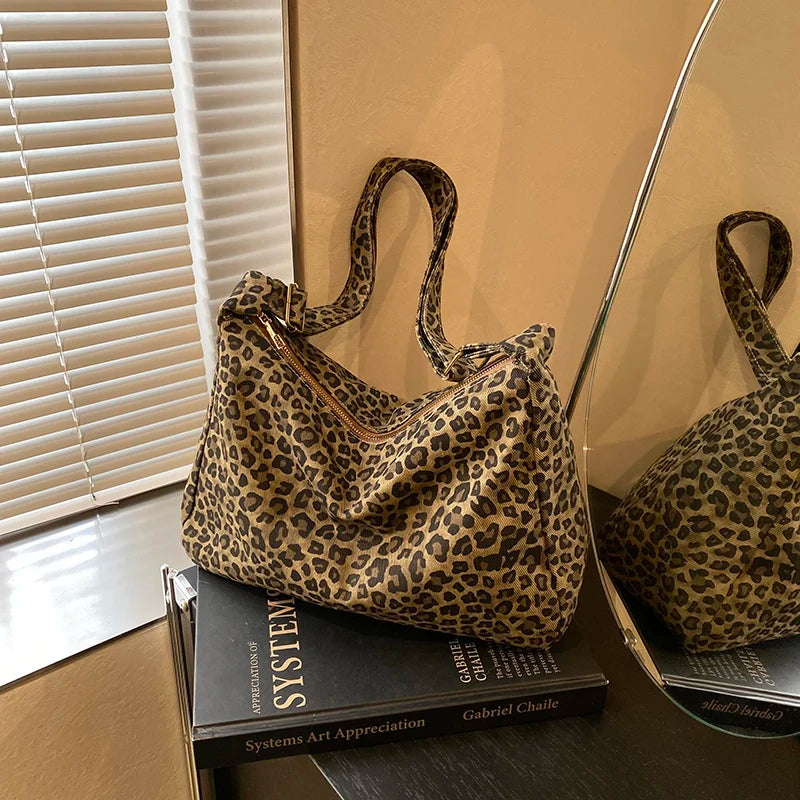 Sac Bandoulière Femme Textile Souple Imprimé Léopard - Sac Épaule Rétro Grande Capacité Casual