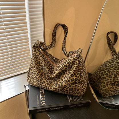 Sac Bandoulière Femme Textile Souple Imprimé Léopard - Sac Épaule Rétro Grande Capacité Casual