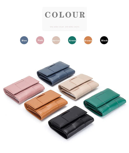 Portefeuille Femme Court Cuir Véritable Peau Mouton Tressé - Porte-Monnaie Trifold Zippé Grande Capacité Noir