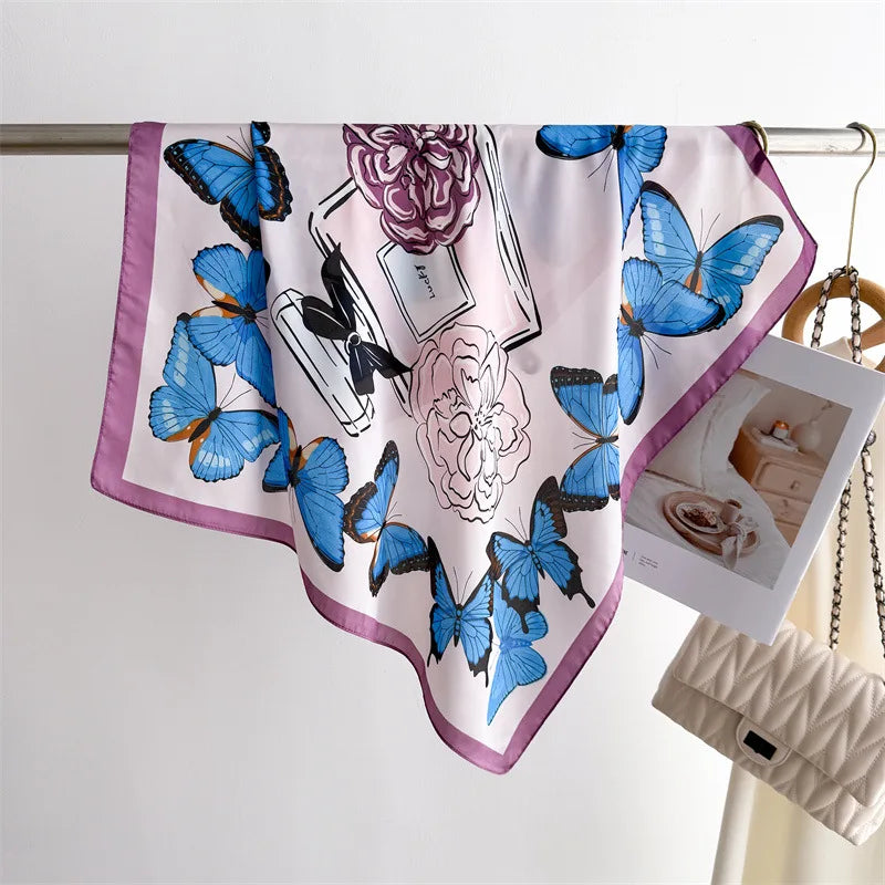 Foulard Carré Soie 70cm Imprimé Rose Femme - Écharpe Printemps Été Headscarf Bandana