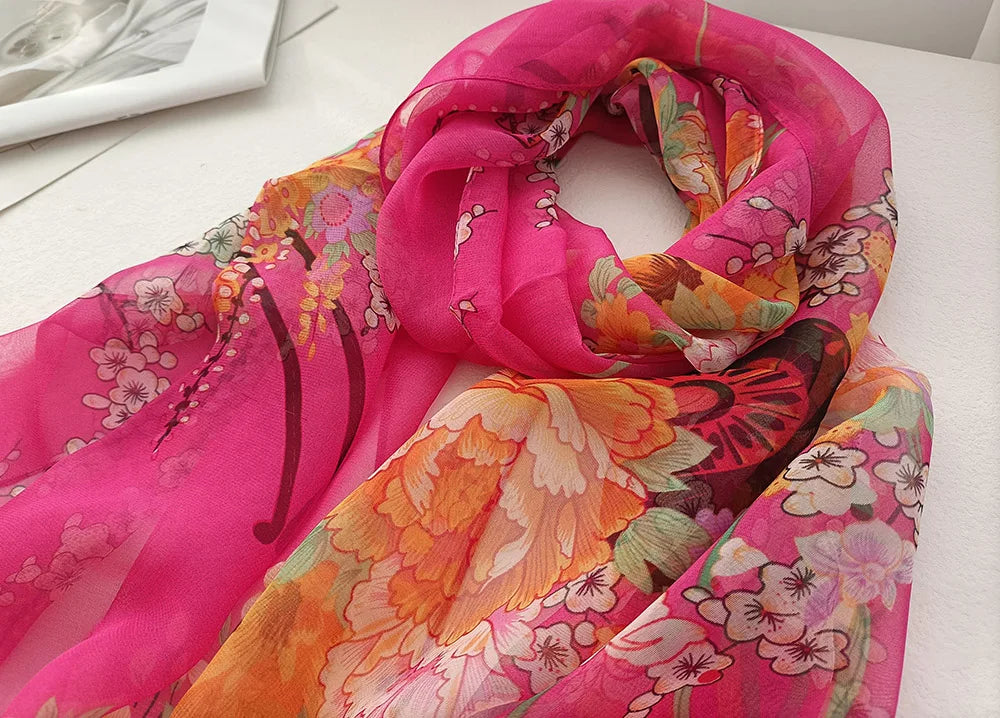 Foulard Écharpe Mousseline Georgette Femme Fleur Prune - Bandana Été Léger Respirant