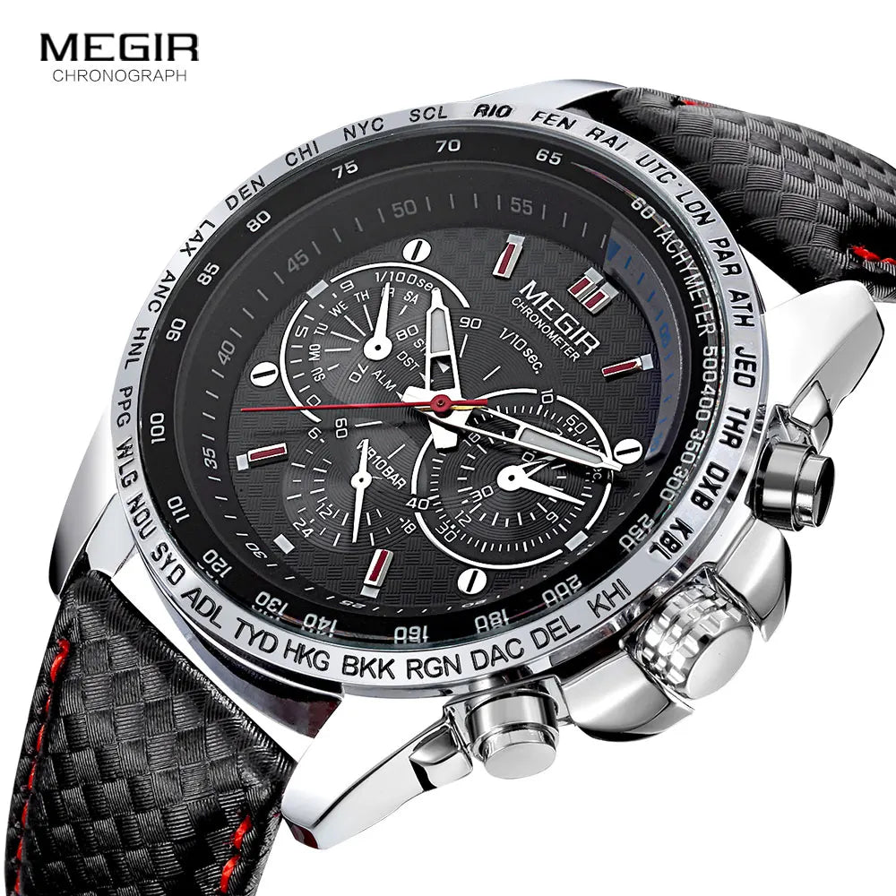 Montre Homme MEGIR Quartz Cuir Étanche - Fashion Casual Noir Blanc Relogio Masculino 1010
