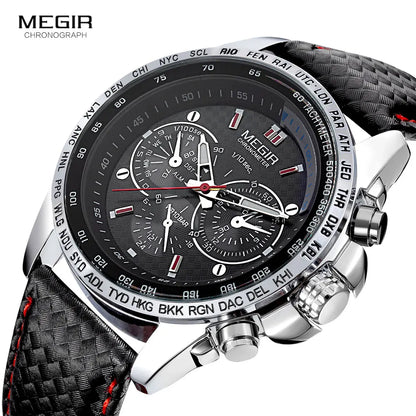 Montre Homme MEGIR Quartz Cuir Étanche - Fashion Casual Noir Blanc Relogio Masculino 1010