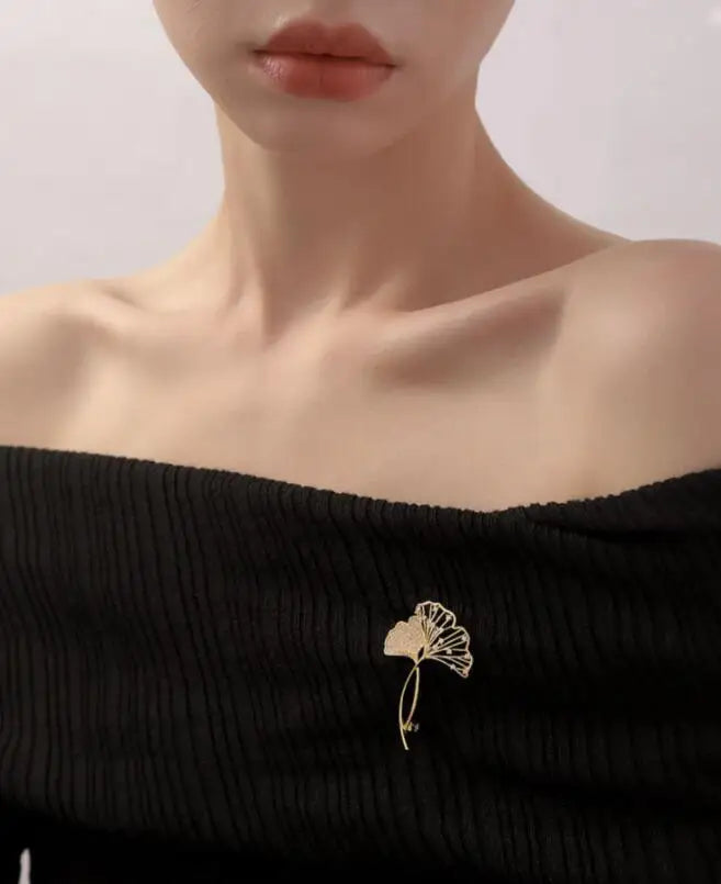 Broche Feuille Ginkgo Rétro Élégante Strass – Pin's Plante Corsage Luxe Femme