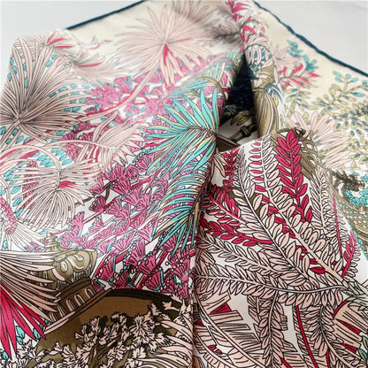 Foulard Carré Soie 100% Pure 90cm Neckerchief Femme - Châle Bandana Luxe Rose Vert