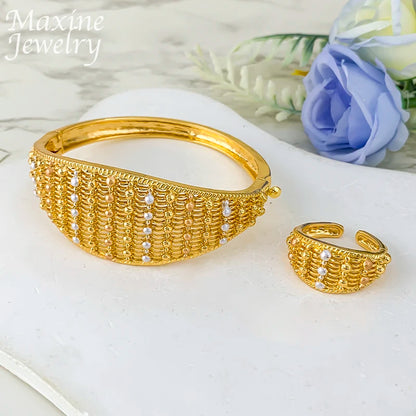 Ensemble Bijoux Dubai Bohème Plaqué Or 18K Luxe – Collier Boucles Bracelet Bague Mariée Femme
