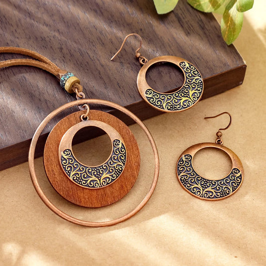 Ensemble Bijoux Bohème Vintage Géométrique – Collier Pendentif Boucles d'Oreilles Statement Femme