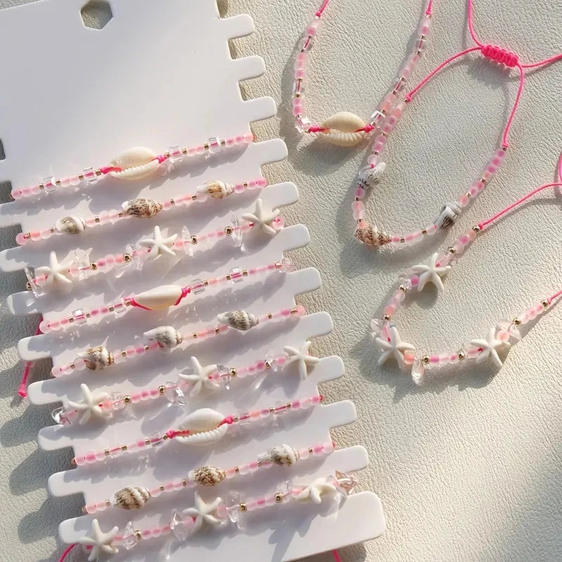 Ensemble 12 Bracelets Tressés Main Roses Coquillages – Ajustables Plage