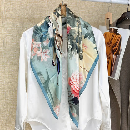 Foulard Carré Soie 88cm Imprimé Chinois - Écharpe Élégante Femme