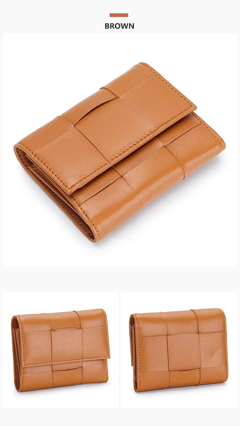 Portefeuille Femme Court Cuir Véritable Peau Mouton Tressé - Porte-Monnaie Trifold Zippé Grande Capacité Noir