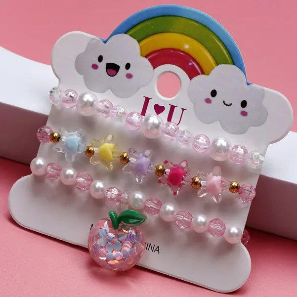 Ensemble 3 Bracelets Perles Cartoon Mignons Enfants – Princesse Licorne Fruits Chat Filles