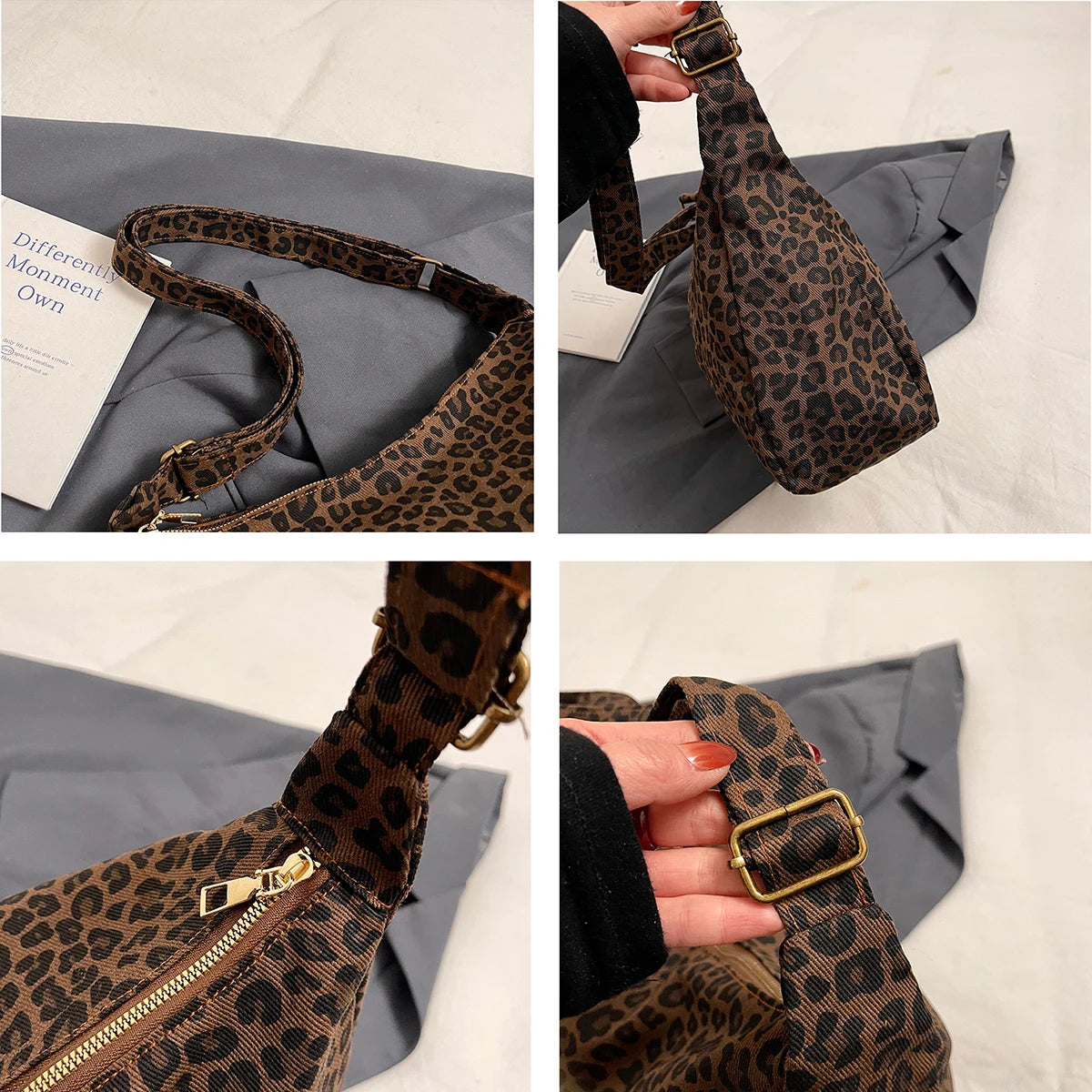 Sac Bandoulière Femme Textile Souple Imprimé Léopard - Sac Épaule Rétro Grande Capacité Casual
