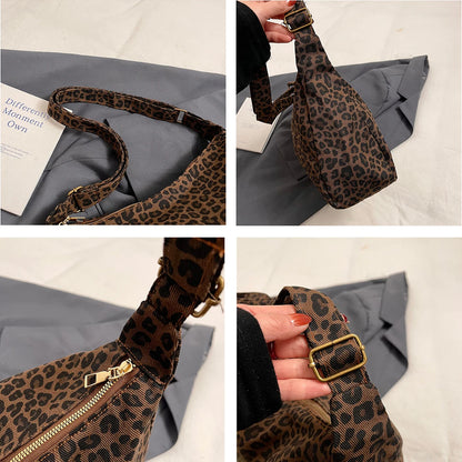 Sac Bandoulière Femme Textile Souple Imprimé Léopard - Sac Épaule Rétro Grande Capacité Casual