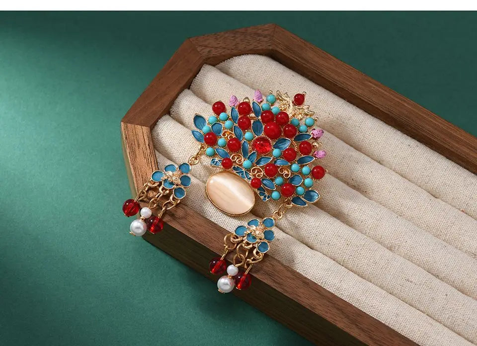 Broche Tiare Mariée Style Chinois - Ornement Luxe Pendants Couleurs Mixées