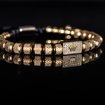Bracelet Tressé Perle Couronne Micro-Serti – Acier Inoxydable Hommes Ajustable