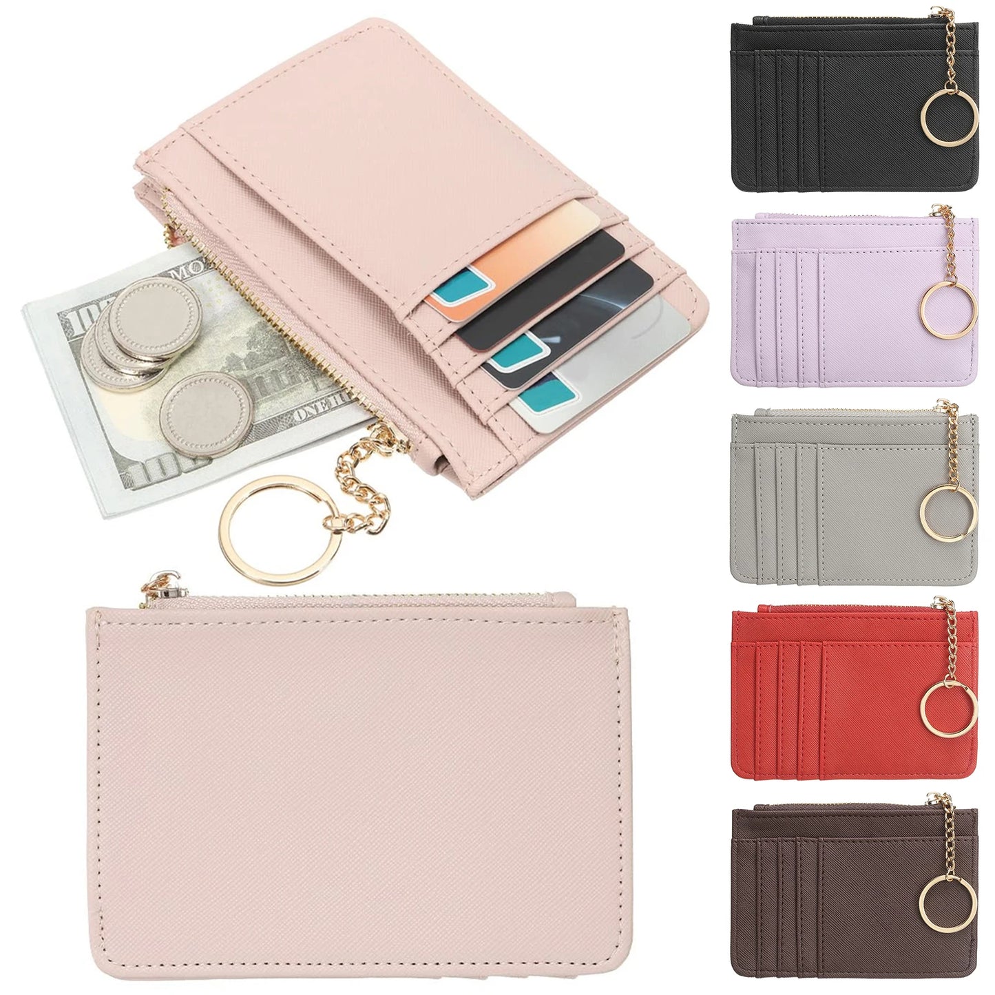 Portefeuille Femme Cuir PU Zippé Mini Porte-Clés - Porte-Monnaie Compact Multi-Emplacements Cartes Violet