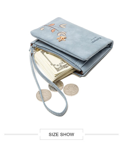 Portefeuille Court Femme Cuir Souple Motif Fleur - Petit Porte-Monnaie avec Bracelet