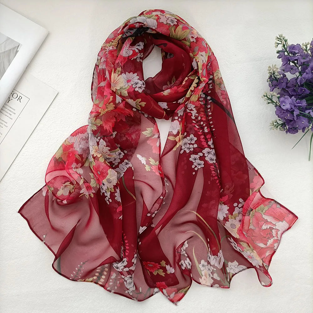 Foulard Écharpe Mousseline Georgette Femme Fleur Prune - Bandana Été Léger Respirant