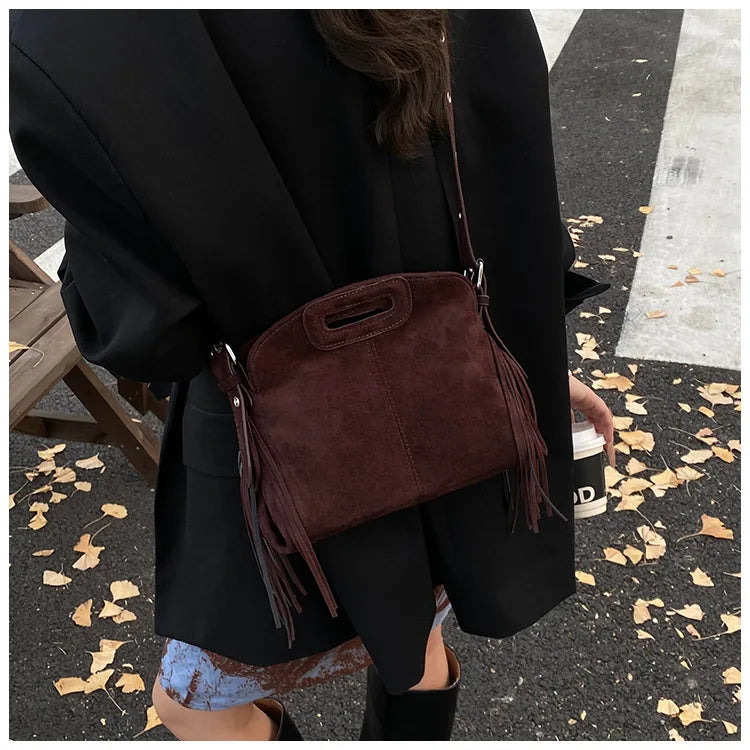 Sac à Main Femme Daim Vintage Style Français - Sac Bandoulière Épaule Glands Café