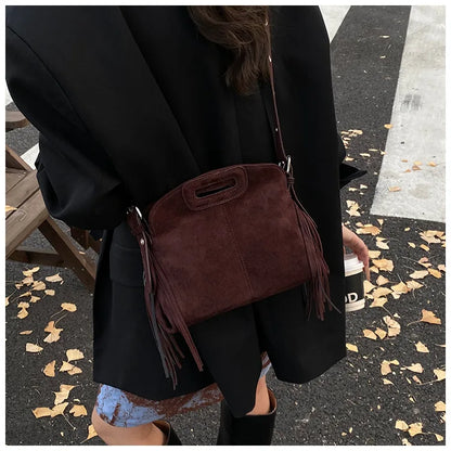 Sac à Main Femme Daim Vintage Style Français - Sac Bandoulière Épaule Glands Café