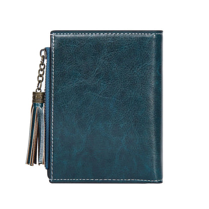 Portefeuille Femme Cuir Ciré Glands - Porte-Monnaie Tri-Fold Multi-Fentes Fermeture Éclair