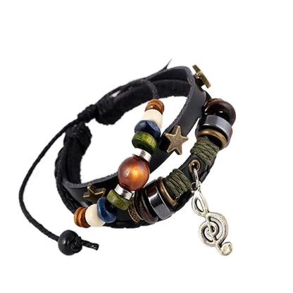 Bracelet Cuir Fait Main Bohème Gypsy - Étoile Métal Perles Bois Ajustable